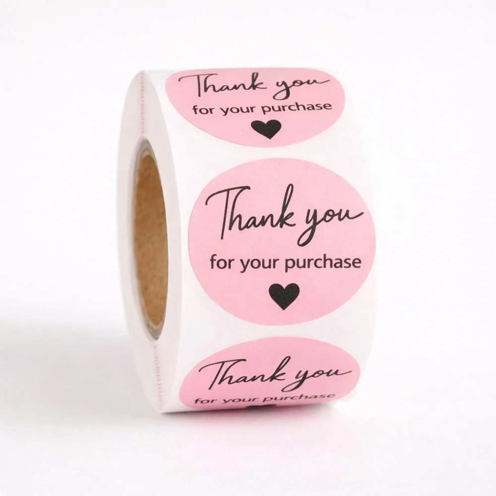 Thank You For Your Purchase Pink Round Stickers - Pack of Roll Labels
